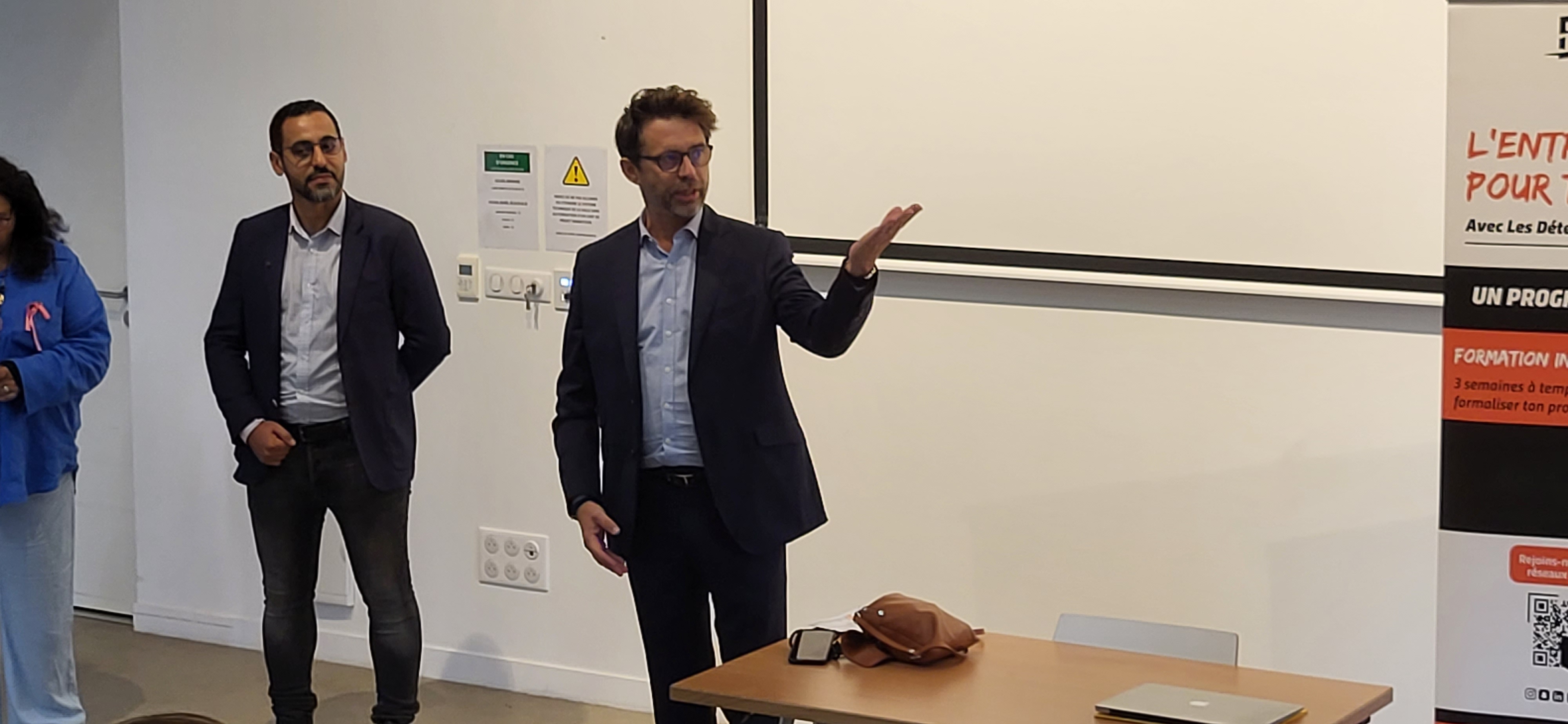 Madani Boucif, coordinateur des Déterminés de Toulouse (à gauche) en compagnie de Pierre-Olivier Nau, président du Medef de Haute-Garonne (à droite). (Photo : Anthony Assémat - Entreprises Occitanie)