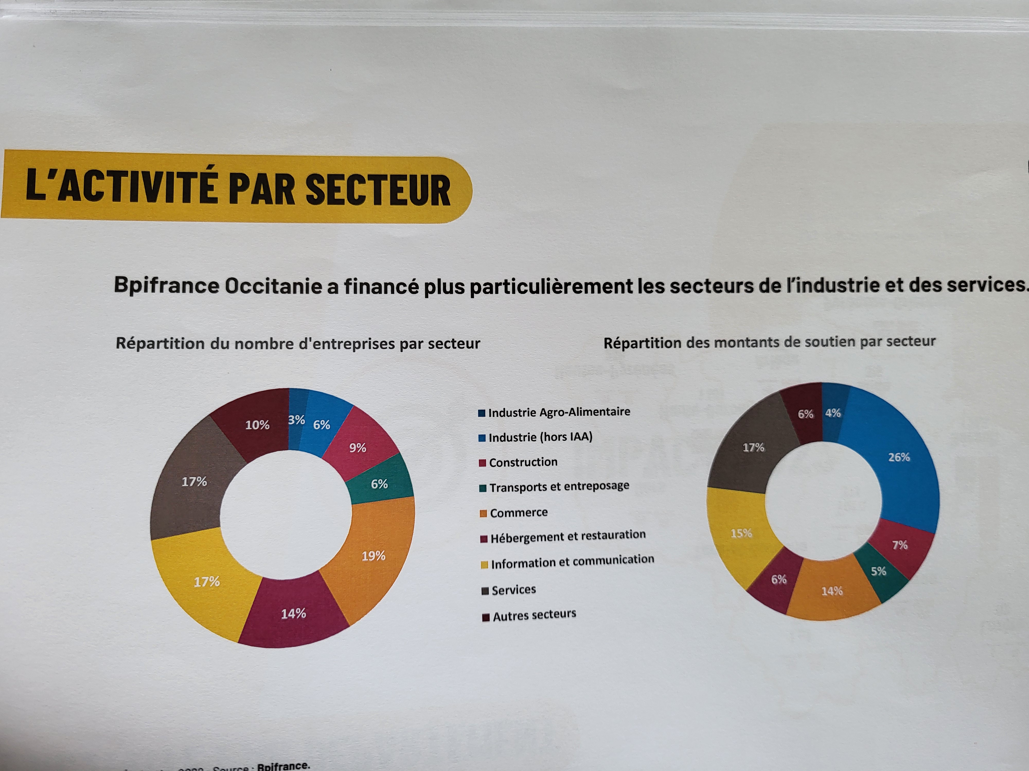 Voici le poids des secteurs et la répartition du nombre d'entreprises soutenus par Bpifrance en Occitanie en 2023. (Photo : Bpifrance Occitanie)