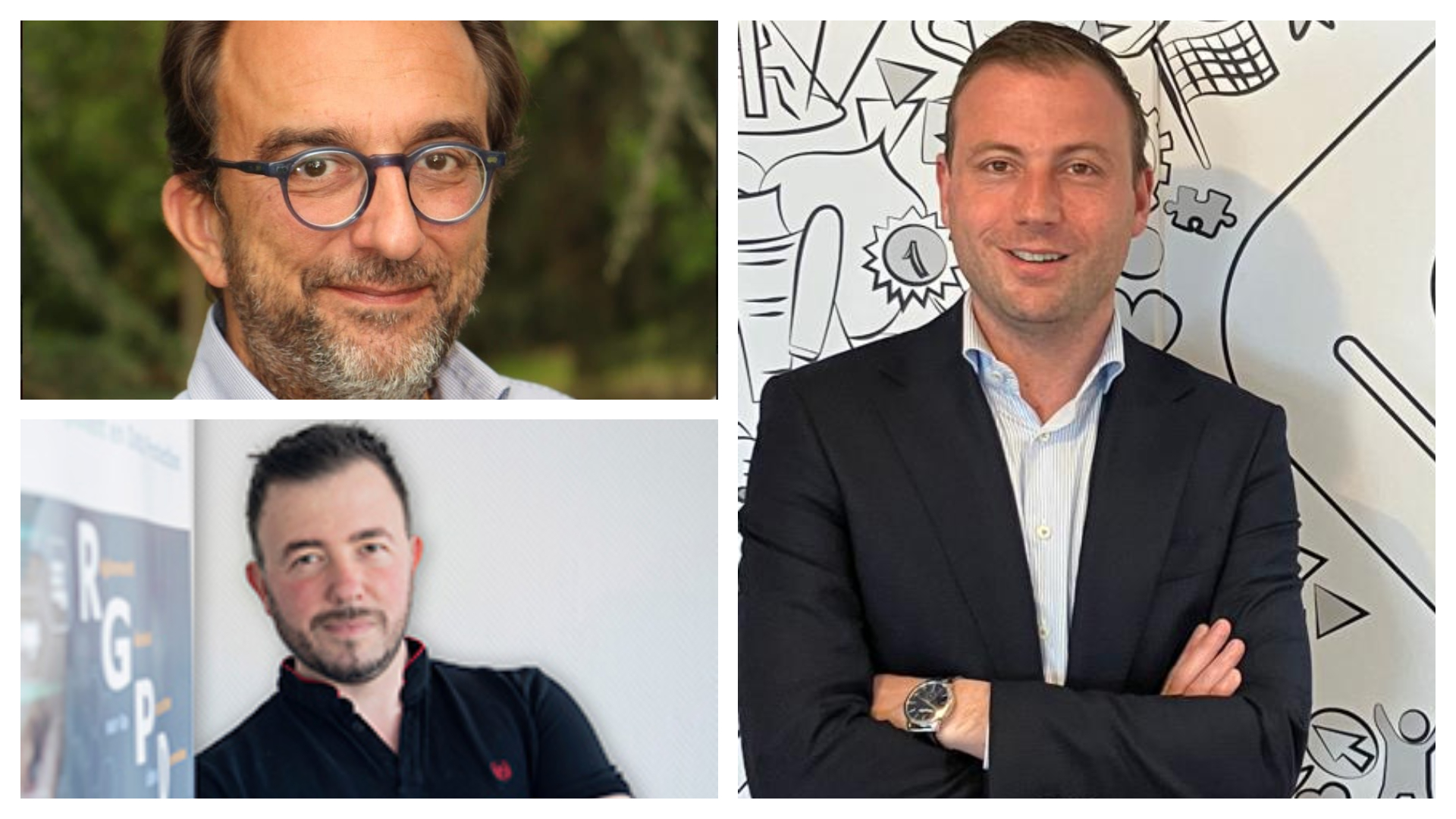 Christophe Saint-Pierre, nouveau président de MDP (en haut à gauche), Jean-Baptiste Garin, ex-fondateur de myDigitplace (en bas à gauche) et Edouard Delpy, président de Labsoft (à droite)