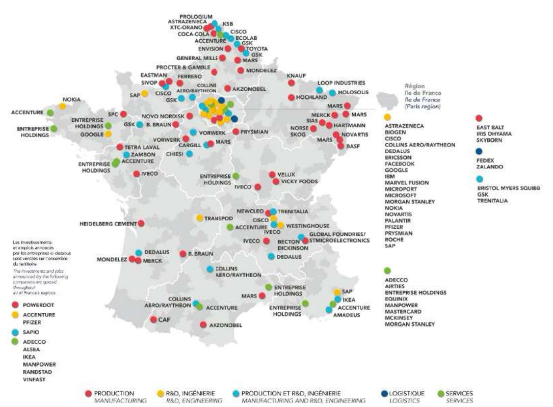 Voici la carte complète des investissements étrangers en France en 2024. (Document : Elysée)