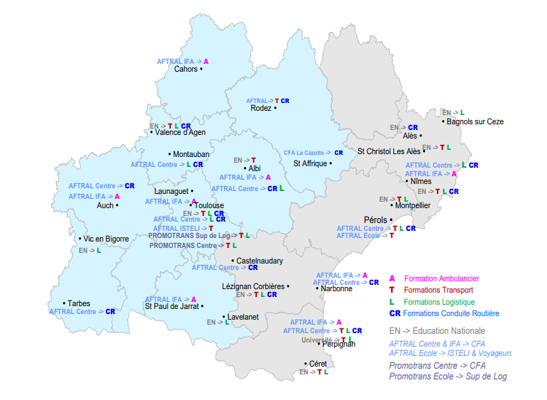 Voici la répartition géographique des formations dans le transport et la logistique en Occitanie. (Document : AFT Occitanie)