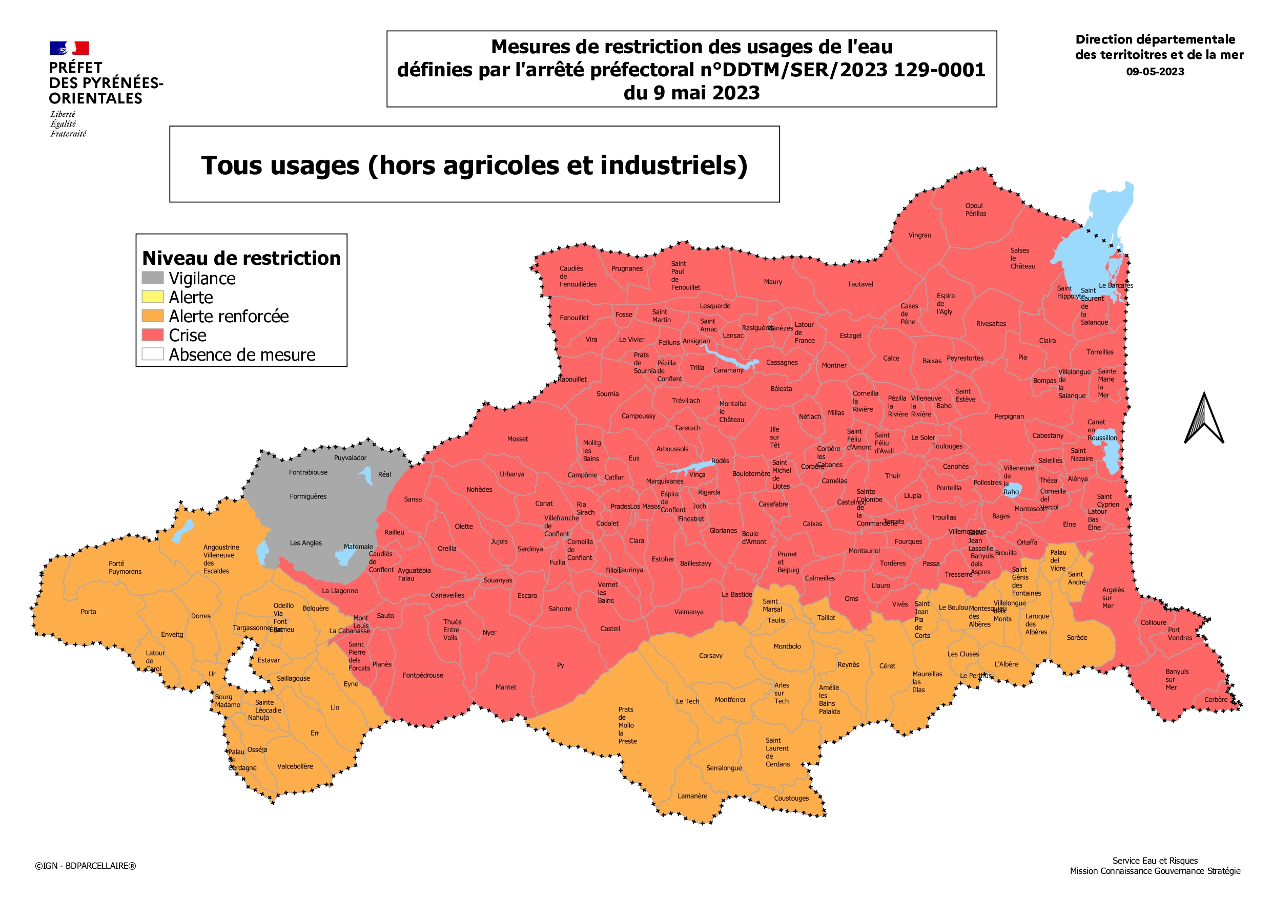 La carte des mesures de restrictions. (Photo : Préfecture des Pyrénées-Orientales) 