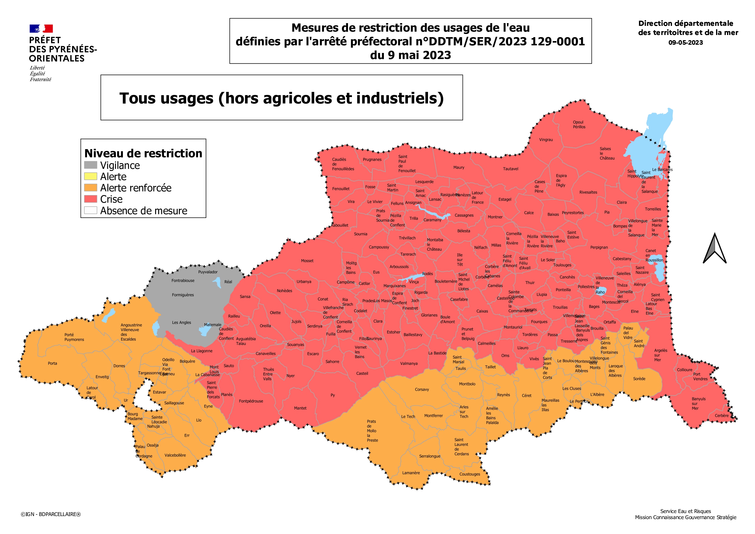 La carte des mesures de restrictions. (Photo : Préfecture des Pyrénées-Orientales)