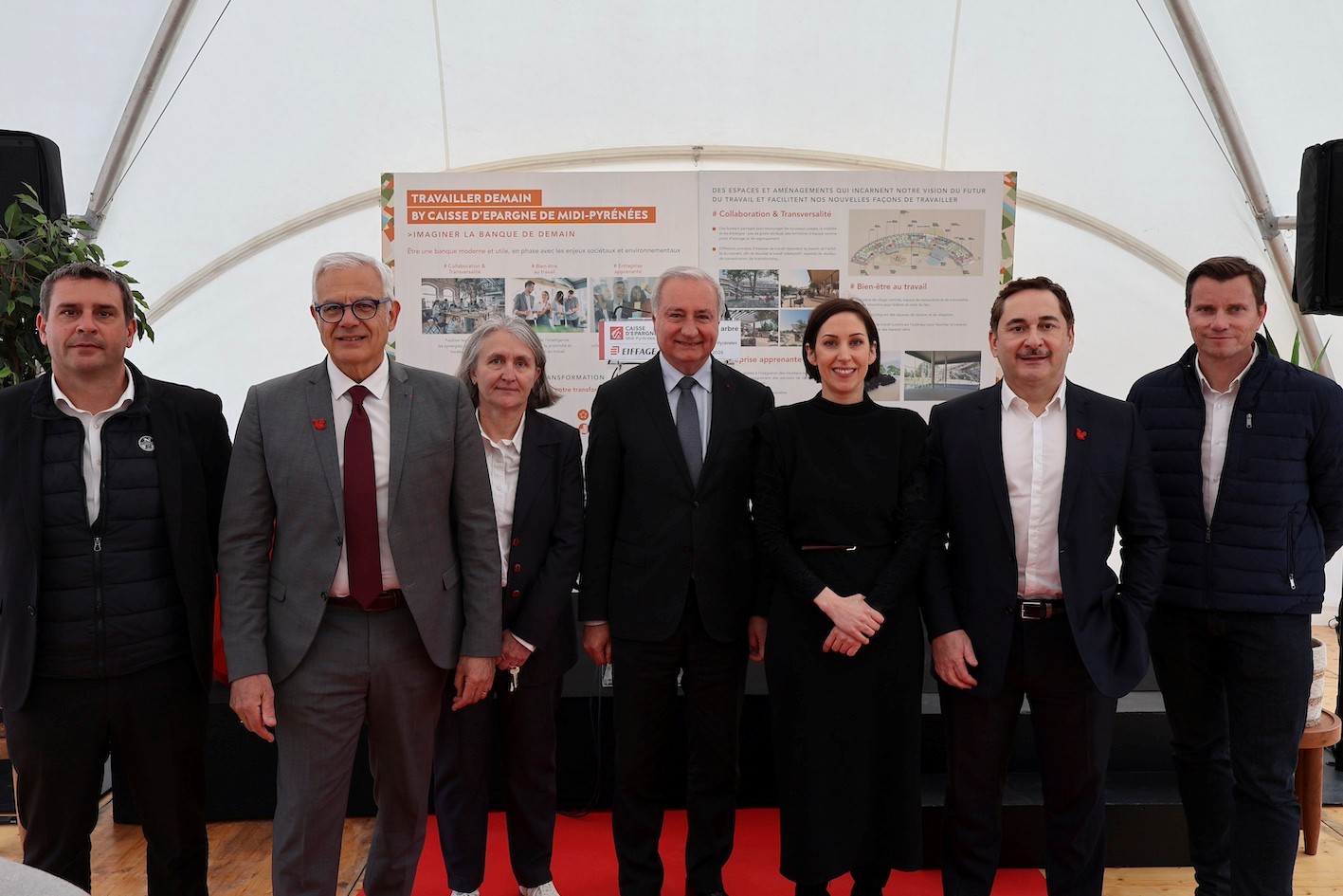 Yannick Denis, Architecte associé & Directeur général adjoint Valode & Pistre ; Alain Di Crescenzo, Président du Conseil d’Orientation et de Surveillance Caisse d’Epargne Midi-Pyrénées ; Carole Marcellin, Directrice Transformation Immobilière Caisse d’Epargne Midi-Pyrénées ;  Jean-Luc Moudenc, Maire de la ville de Toulouse ;Solène Herodin, Directrice générale adjointe Caisse d’Epargne Midi-Pyrénées ; Christophe Le Pape, Président du directoire Caisse d’Epargne Midi-Pyrénées ; Laurent Regnier, Directeur Immobilier Eiffage Construction Occitanie 
