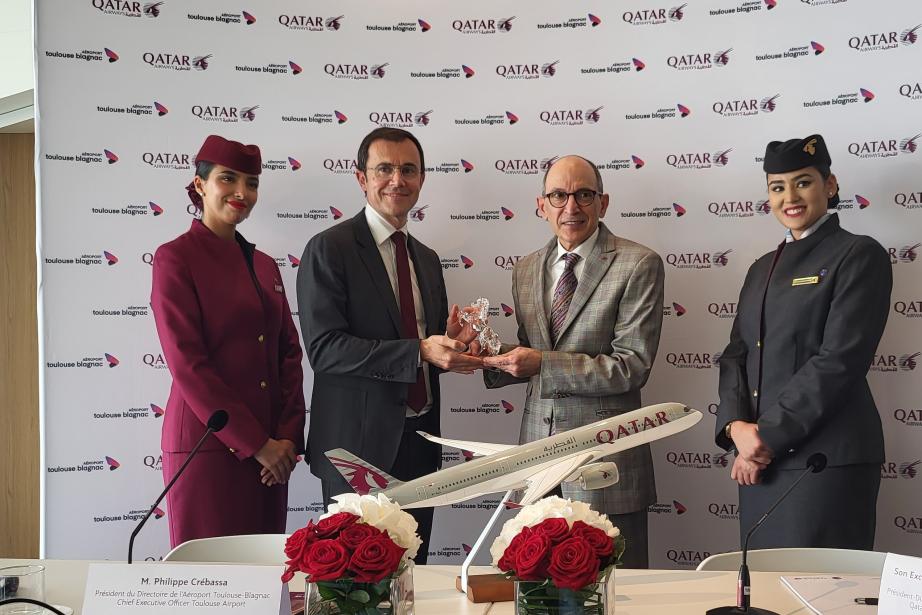 Philippe Crebassa et Akbar Al Baker souhaitent rapidement passer de trois à sept vols par semaine en Airbus A350. (Photo : Dorian Alinaghi - Entreprises Occitanie)