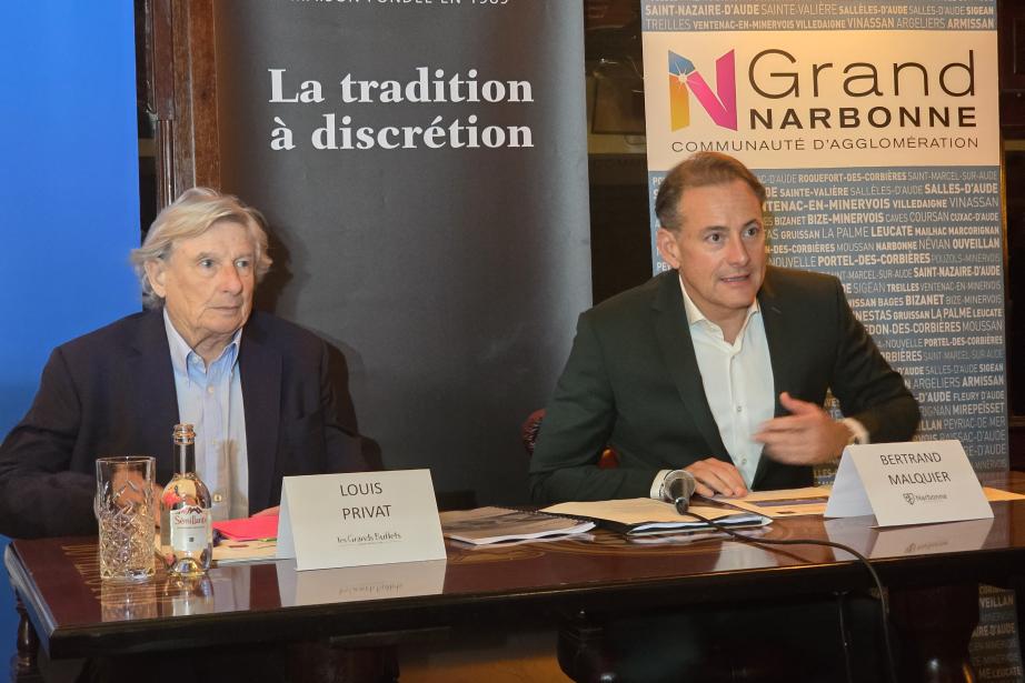 Louis Privat, fondateur des Grands Buffets, et Bertrand Malquier, le maire de Narbonne. (Photo : Dorian Alinaghi - Entreprises Occitanie)