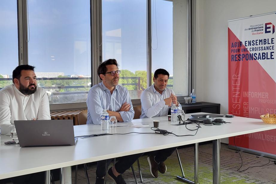 De gauche à droite : Boris Restier, directeur générale du Medef Haute-Garonne, Pierre-Olivier Nau, le président et Thomas Fantini, le vice-président. (Photo Dorian Alinaghi Entreprises Occitanie)