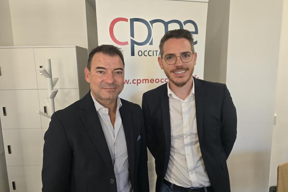 Vincent Aguillera, président de la CPME Occitanie et Mickaël Lapostolle, responsable régional développement et stratégie à la CPME Occitanie. (Photo Dorian Alinaghi)