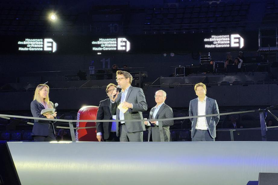 De gauche à droite : Salomé Géraud, co-fondatrice du Drive tout Nu, Mathieu Roudié, président de la fédération du BTP 31, Pierre-Olivier-Nau, président du Medef Haute-Garonne, Didier Katzenmayer, président de l'UIMM Occitanie et Nicolas Durand, président CPME 31. (Photo Dorian Alinaghi)