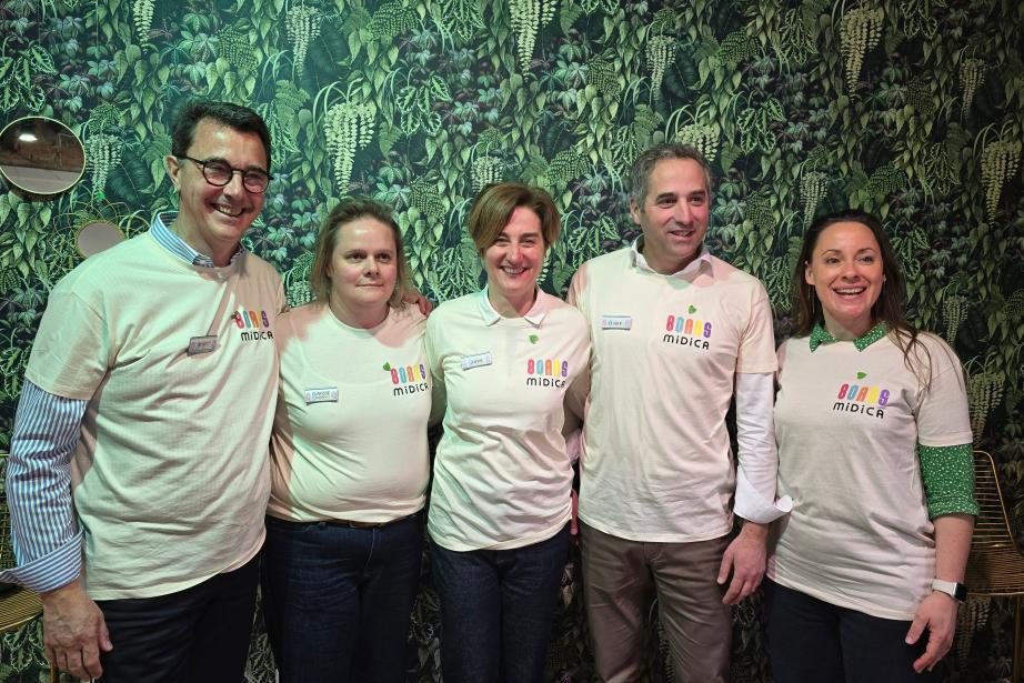 Benoit Barron, directeur général de la branche retail, Clarisse Berthet, directrice du magasin Midica, Sophie Garrigou, directrice générale de Géfiroga, Olivier Garrigou, président de l’entreprise et Rosine Pelletier-Chabot, l'une des co-créatrices de Gigiland. (Photo Dorian Alinaghi)
