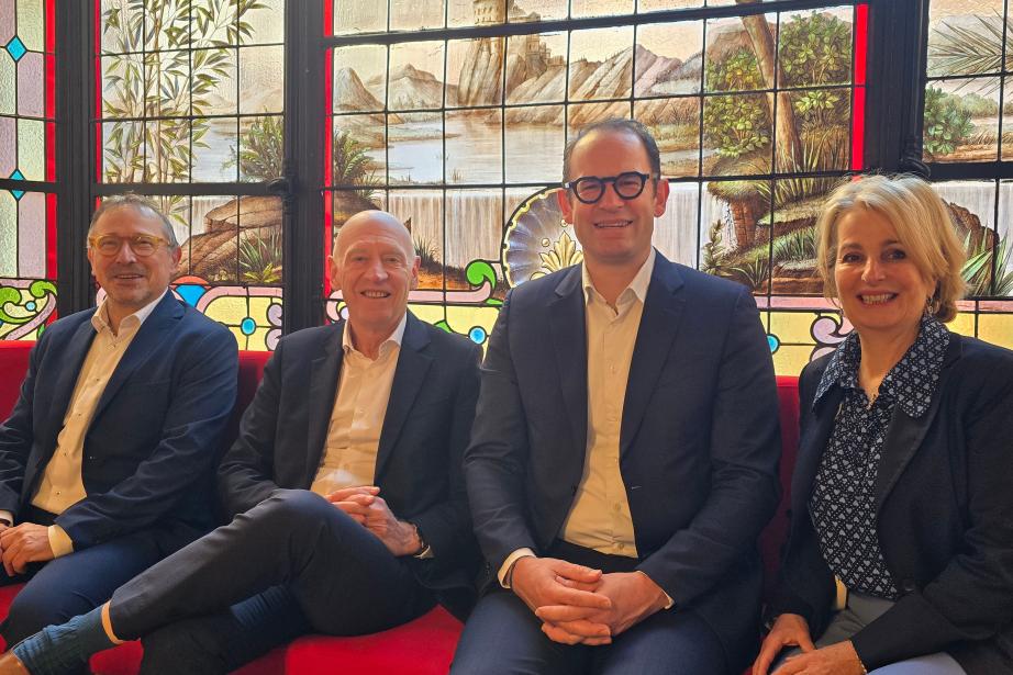 De gauche à droite : Christophe Le Beaudour, directeur financier, Nicolas Langevin, directeur général, Nicolas Mauré, président de la Caisse Régionale Crédit Agricole Toulouse et Agnès Coulombe, directrice générale adjointe. (Photo Dorian Alinaghi)
