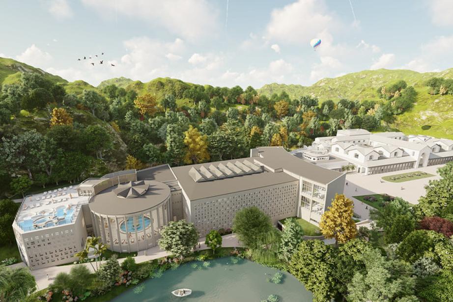 Vue aérienne du complexe des thermes de Luchon et de ses trois bâtiments, lorsque les travaux seront achevés au printemps 2024. (Photo : media Conseil Presse)