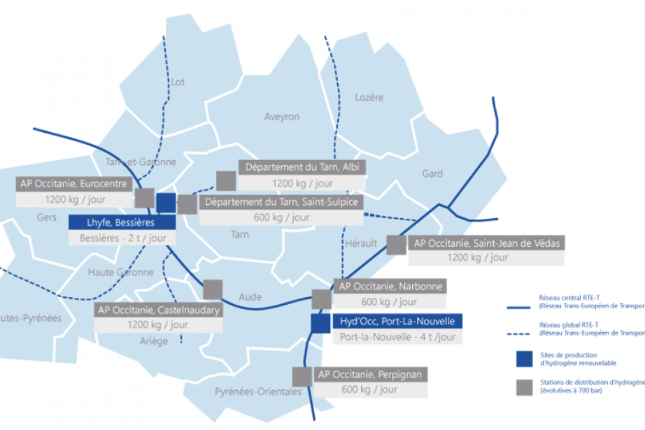 La capacité de production d'hydrogène dans l'Occitanie. Source : Hydeo. 