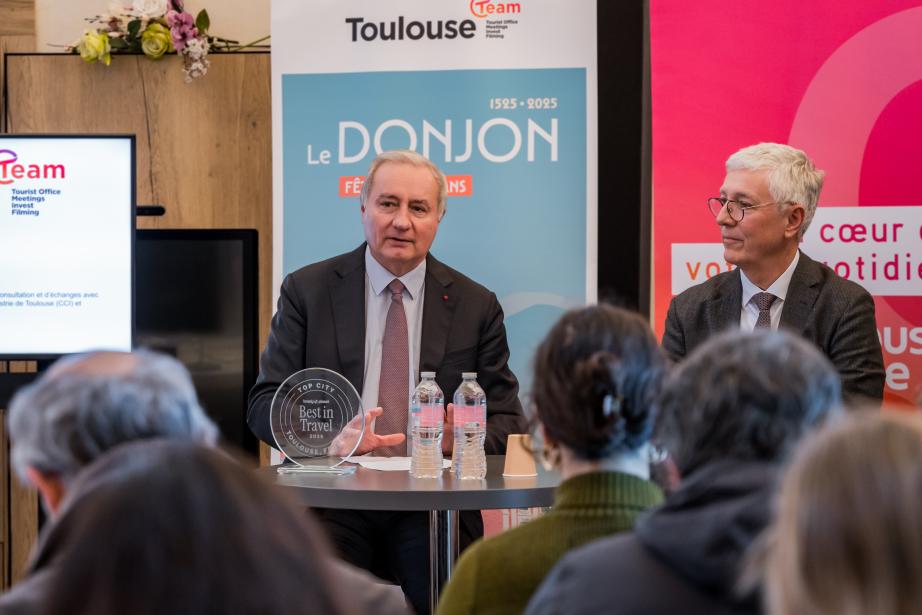 Jean-Luc Moudenc, maire de Toulouse et président de Toulouse Métropole et Jean-Claude Dardelet, président de Toulouse Team, vice-président de Toulouse Métropole en charge de l’attractivité, du tourisme, de l’Europe et de l’international. (Photo : Rémi Deligeon)