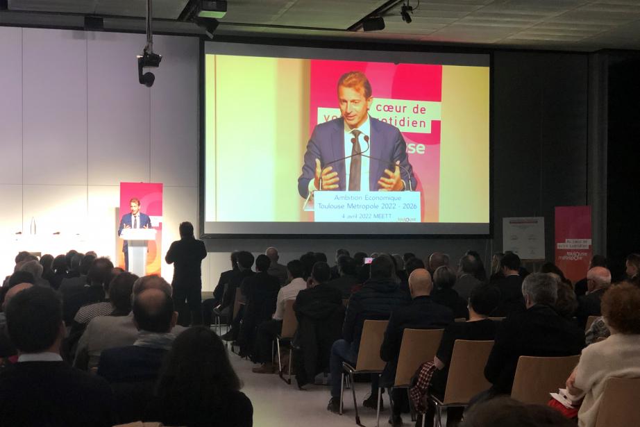 Guillaume Faury, PDG d'Airbus, invité par Toulouse Métropole lors de la présentation de la feuille de route économique ( le 04 avril 2022, au Meett). 