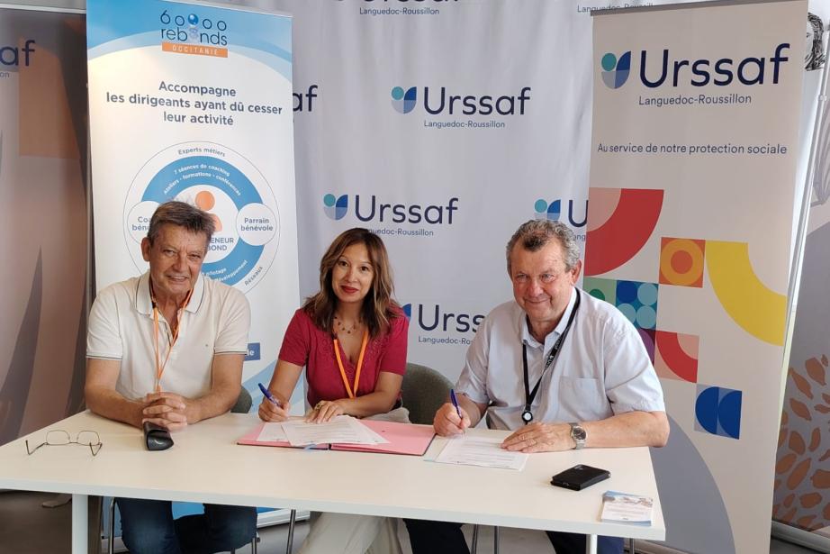 De gauche à droite: Alain Simonazzi, référent antenne Montpellier 60 000 rebonds Occitanie, Marie-Laure le Van Vo, co-présidente 60 000 rebonds Occitanie, François Hiebel, directeur de l'URSSAF Languedoc Roussillon (Photo 60 000 rebonds Occitanie)