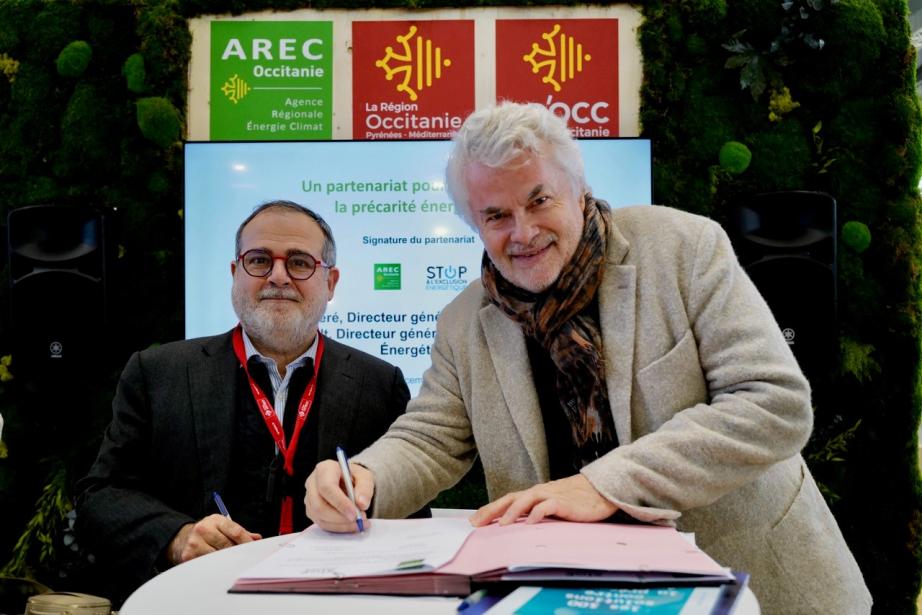De gauche à droite : Stéphane Péré, directeur général de l’Arec, l’Agence Régionale de l'énergie et du climat, et Gilles Berhault, directeur général de l’association Stop à l’exclusion énergétique. (Photo : Frédéric Scheiber / AREC)