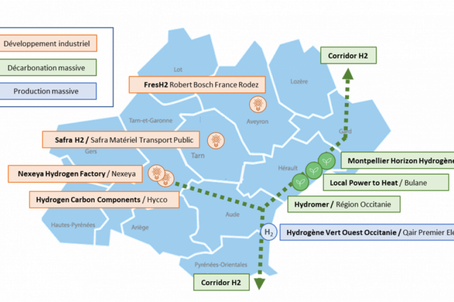 Cartographie des projets candidats en Occitanie à l’Appel à manifestation d’intérêt pour des projets hydrogène d’envergure retenus par le Secrétariat général pour l’investissement. Cartographie des projets candidats en Occitanie à l’Appel à manifestation d’intérêt pour des projets hydrogène d’envergure retenus par le Secrétariat général pour l’investissement.