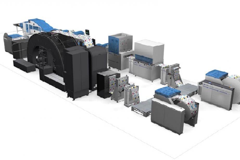 Presse rotative jet d’encre couleur associée à une chaine de finition. Presse rotative jet d’encre couleur associée à une chaine de finition.