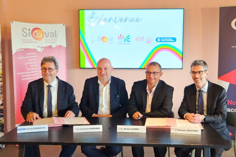 Patrick Piedrafita, président de la CCI Toulouse Haute-Garonne, Laurent Chérubin, vice-président au développement économique du Sicoval, Bruno Caubet, président du Sicoval et Romain Mouynet, vice-président de la CMA 31. (Photo Sicoval)