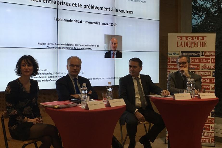 Nathalie Rénier-Brunet, présidente de la commission fiscalité au Conseil régional de l’Ordre des experts-comptables, Hughes Perrin, directeur régional des finances publiques et directeur départemental de Haute-Garonne, Philippe Robardey, président de la CCI de Toulouse, Pierre-Marie Hanquiez président de Medef31 Nathalie Rénier-Brunet, présidente de la commission fiscalité au Conseil régional de l’Ordre des experts-comptables, Hughes Perrin, directeur régional des finances publiques et directeur départemental de Haute-Garonne, Philippe Robardey, président de la CCI de Toulouse, Pierre-Marie Hanquiez président de Medef31