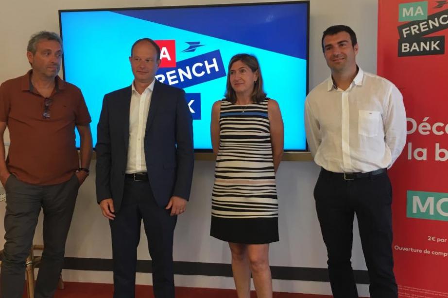 L'équipe de la Banque Postale lors de la présentation de Ma French Bank à Toulouse : Jacques Vidal (responsable de département – direction informatique La Banque Postale) , Frédéric Bresson (directeur régional Réseau et Banque – Haute-Garonne, Ariège, Gers), Alice Holzman (directrice générale Ma Frenck Bank), Pierrick Huet (responsable domaine production Ma French Bank). L'équipe de la Banque Postale lors de la présentation de Ma French Bank à Toulouse : Jacques Vidal (responsable de département – direction informatique La Banque Postale) , Frédéric Bresson (directeur régional Réseau et Banque – Haute-Garonne, Ariège, Gers), Alice Holzman (directrice générale Ma Frenck Bank), Pierrick Huet (responsable domaine production Ma French Bank).