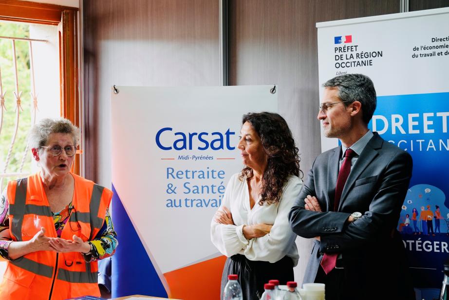 De gauche à droite : Marie-Nadine Roux, directrice générale de Sieba, Joëlle Traniello, directrice de la Carsat Midi-Pyrénées et Julien Tognola, directeur régional de l’économie, de l’emploi, du travail et des solidarités en Occitanie. (Photo Maël Paillart)