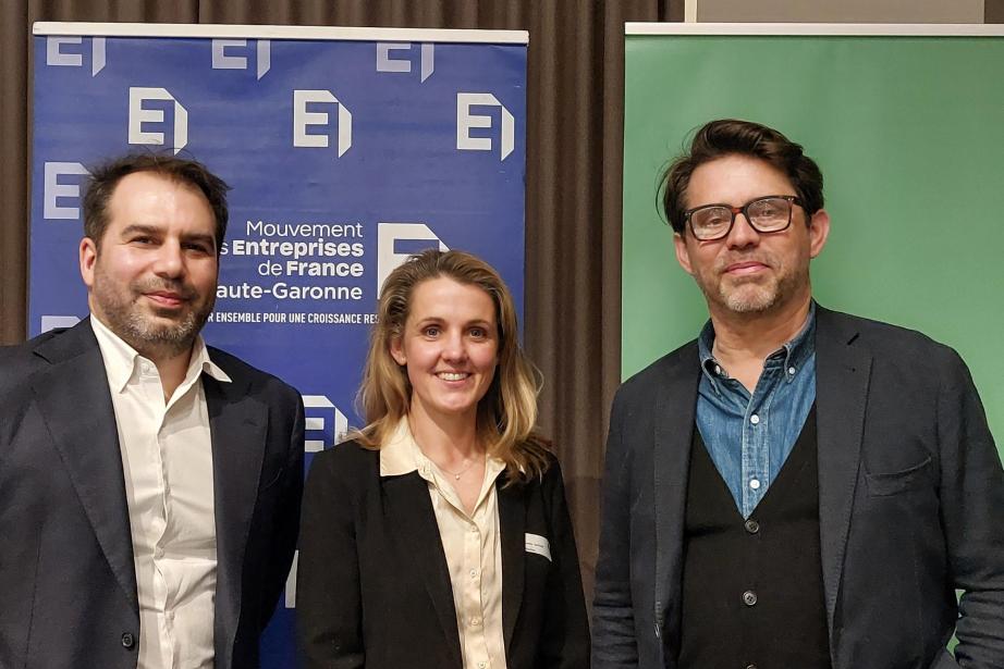 Julien Mallard, directeur général adjoint commercial de Transavia France, Manuella Goyat, secrétaire générale de Transavia et Pierre-Olivier Nau, président du Medef Haute-Garonne lors d'un business diner du mercredi 11 avril. (Photo Morgane Sattin) 