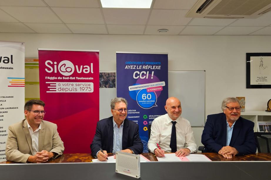 Au centre de gauche à droite : Patrick Piedrafita, président de la Chambre de Commerce et d'industrie de Toulouse et Laurent Chérubin, vice-president du Sicoval. (Photo CCI Toulouse) 