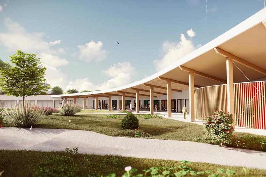 Esquisse du complexe thermal Les Fumades. Au deuxième plan, la résidence de tourisme en « liaison peignoir ». (Photo : agence Coste Architectures)