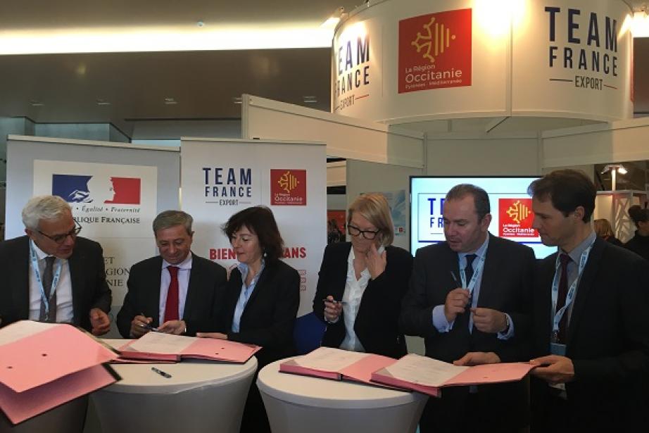 A. Di Crescenzo (CCI Occitanie), E. Guyot (Préfecture Occitanie), C. Delga (Région Occitanie), V. Védrine (Réseau Sud Bpifrance), C. Courtier (directeur général Business France) et T. Bascaules (Ad'Occ).