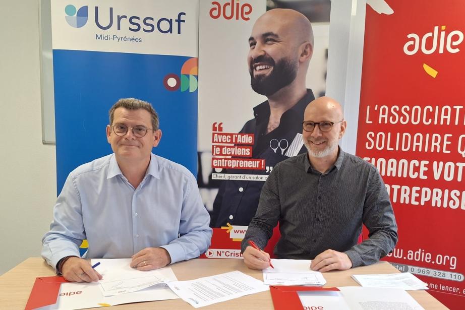 Jean Dokhelar, directeur de l’Urssaf Midi-Pyrénées et Christophe Nicaud, directeur de l’Adie Occitanie. (Photo Adie)