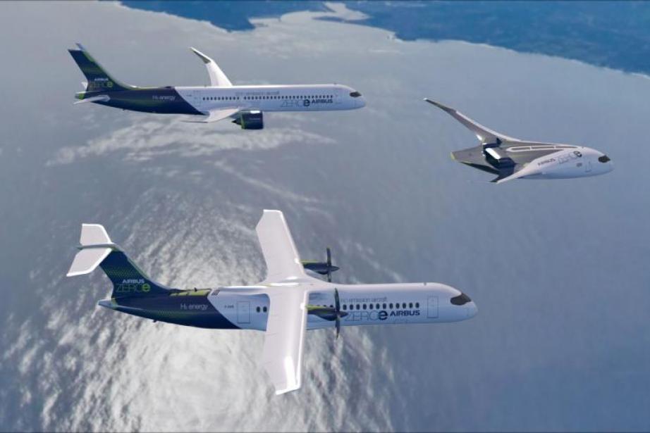 Les 3 concepts d'avion à hydrogène d'Airbus du programme ZEROe avec un avion classique, un turbopropulseur et une aile volante Les 3 concepts d'avion à hydrogène d'Airbus du programme ZEROe avec un avion classique, un turbopropulseur et une aile volante