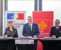 Carole Delga, présidente de la région Occitanie, Philippe Tabarot, ministre chargé des Transports et Pierre-André Durand, préfet de la région et de la Haute-Garonne. (PhotoLéo Arcangeli)