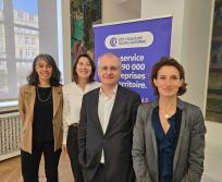 De gauche à droite :  Nadège Fantin, chargée d'études - service études et aménagement du territoire, Marie-Anne Hugo-Magnan, responsables études et aménagement du territoire, Didier Katzenmayer, président de l'UIMM Occitanie et Christine Bardinet, directrice régional de la Banque de France. (Photo Dorian Alinaghi)