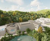 Vue aérienne du complexe des thermes de Luchon et de ses trois bâtiments, lorsque les travaux seront achevés au printemps 2024. (Photo : media Conseil Presse)