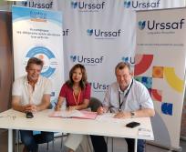 De gauche à droite: Alain Simonazzi, référent antenne Montpellier 60 000 rebonds Occitanie, Marie-Laure le Van Vo, co-présidente 60 000 rebonds Occitanie, François Hiebel, directeur de l'URSSAF Languedoc Roussillon (Photo 60 000 rebonds Occitanie)