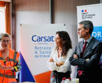 De gauche à droite : Marie-Nadine Roux, directrice générale de Sieba, Joëlle Traniello, directrice de la Carsat Midi-Pyrénées et Julien Tognola, directeur régional de l’économie, de l’emploi, du travail et des solidarités en Occitanie. (Photo Maël Paillart)