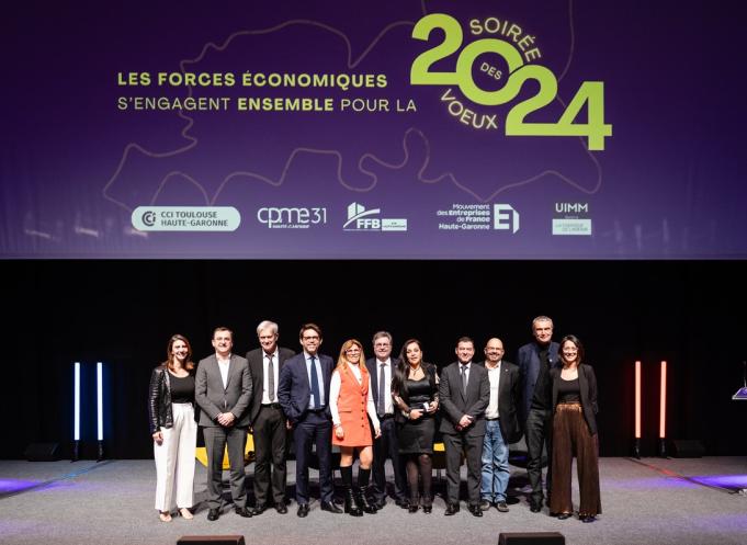 Le Medef 31, la CPME 31, l’UIMM Occitanie, la FBTP 31 et la CCI Toulouse/Haute-Garonne. ont organisé pour la première fois des voeux en commun, jeudi 18 janvier 2024. (Photo : Olivier Espagnol)
