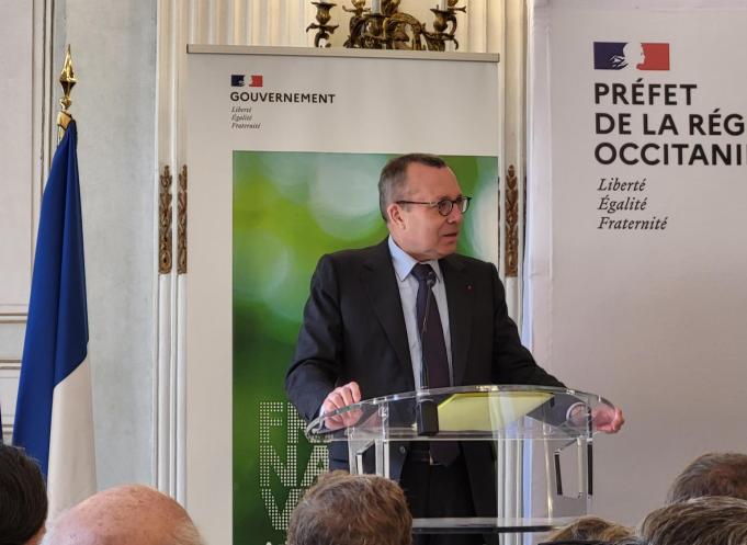 Le préfet d'Occitanie Pierre-André Durand lors de la présentation des 13 premiers lauréats du Fonds vert, le 15 mai 2023. (Photo : Anthony Assémat - Entreprises Occitanie)
