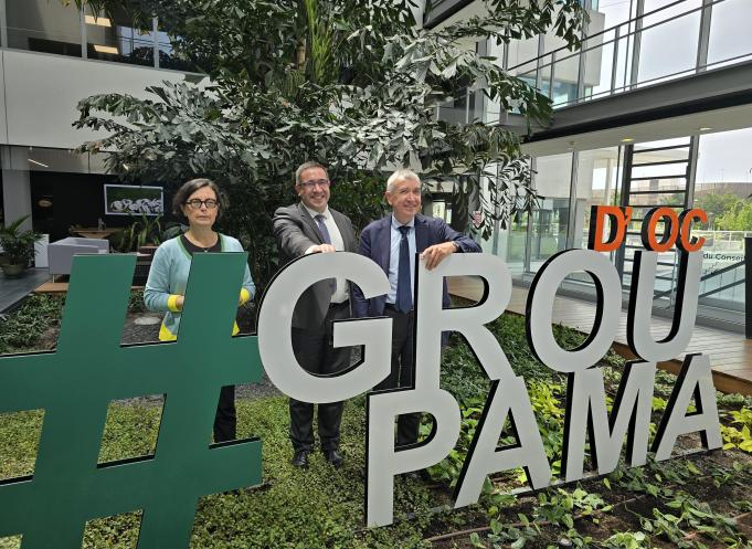 Florence Bousquet, DGA directeur assurance finance et pilotage chez Groupama d'Oc, Pierre Martin, président et Didier Guillaume, nouveau directeur général. (Photo : Dorian Alinaghi - Entreprises Occitanie)
