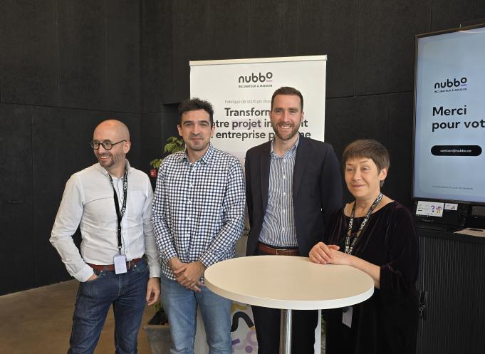 De gauche à droite : Guillaume Costecalde, président de Nubbo, Raphaël Blanc, co-fondateur et CEO de JurIA, Paul Malbert, CEO de Anyos et Anne-Laure Charbonnier, directrice de Nubbo. (Photo Dorian Alinaghi Entreprises Occitanie)