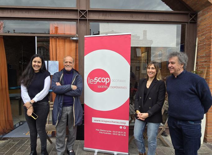 De gauche à droite l'équipe de l'Union Régionale des Scop Occitanie Pyrénées : Amina Chanegriha, chargée de communication, Cyrille Rocher, directeur, Sophie Hemardinquer, responsable communication et Rémi Roux, président. (Photo Dorian Alinaghi Entreprises Occitanie)