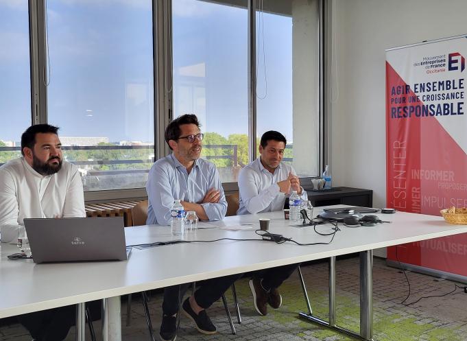 De gauche à droite : Boris Restier, directeur générale du Medef Haute-Garonne, Pierre-Olivier Nau, le président et Thomas Fantini, le vice-président. (Photo Dorian Alinaghi Entreprises Occitanie)
