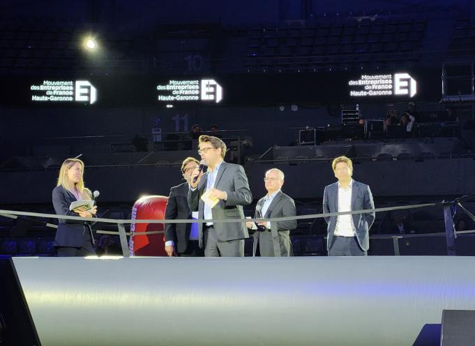 De gauche à droite : Salomé Géraud, co-fondatrice du Drive tout Nu, Mathieu Roudié, président de la fédération du BTP 31, Pierre-Olivier-Nau, président du Medef Haute-Garonne, Didier Katzenmayer, président de l'UIMM Occitanie et Nicolas Durand, président CPME 31. (Photo Dorian Alinaghi)