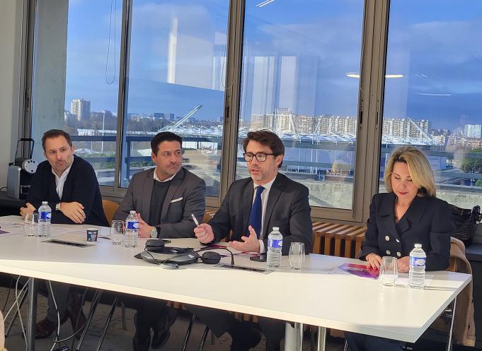 De de gauche à droite : Stéphane Carcenac, trésorier du Medef Haute-Garonne, Thomas Fantni, vice-président du Medef Haute-Garonne et responsable du groupe de travail dédié aux élections municipales, Pierre-Olivier Nau, président du Medef Haute-Garonne, et Céline Bon, membre du Bureau du Medef Haute-Garonne.. (Photo Dorian Alinaghi)