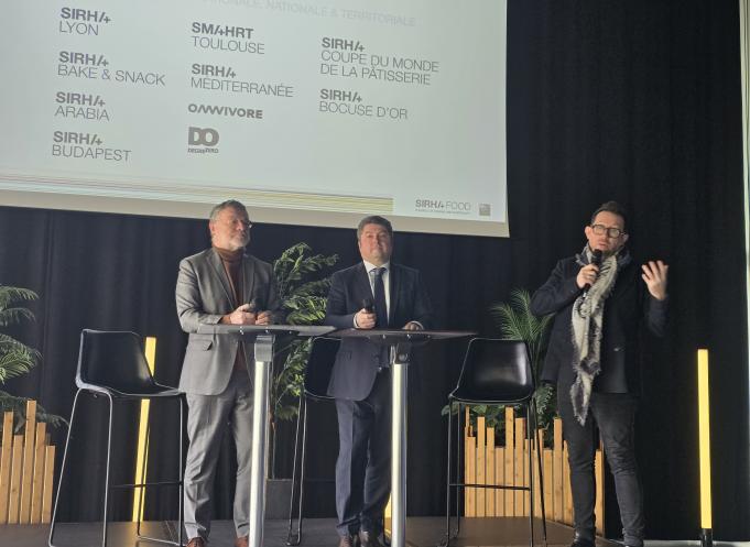 De gauche à droite : Jean-Jacques Bolzan, adjoint au maire de Toulouse et président de la fédération des marchés de gros de France, Olivier Chanelle, directeur général de Toulouse Événements et Luc Dubanchet, directeur de Sirha Food. (Photo Dorian Alinaghi Entreprises Occitanie)