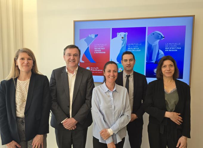 De gauche à droite : Julie Blaise, chef de projet marketing, Henry Mathon, directeur général, Elisabeth Barros, directrice Prévifrance Funéraire, Pierre Levi, président Prévifrance Funéraire et Caroline Salvan, responsable marketing et communication. (Photo Dorian Alinaghi Entreprises Occitanie) 