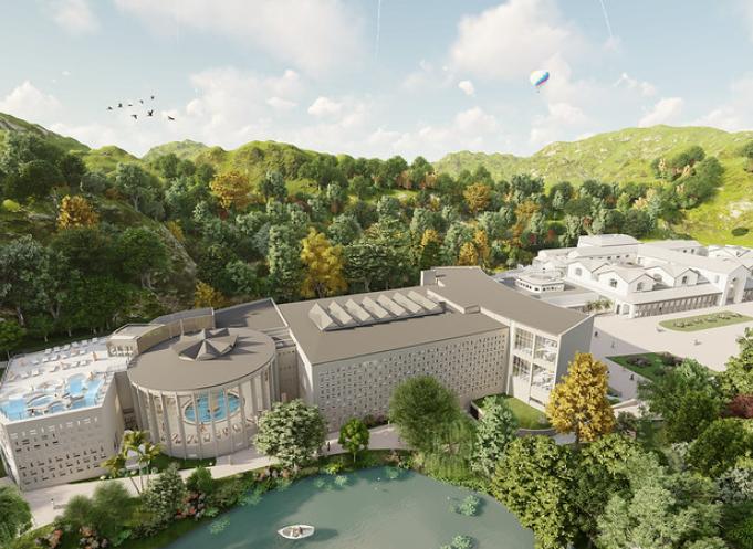 Vue aérienne du complexe des thermes de Luchon et de ses trois bâtiments, lorsque les travaux seront achevés au printemps 2024. (Photo : media Conseil Presse)