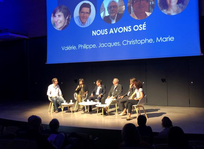 Témoignages d'entrepreneurs et de bénévoles de 60 000 Rebonds lors de la soirée des 10 ans de l'association , le mercredi 19 octobre à la Cité à Toulouse. 